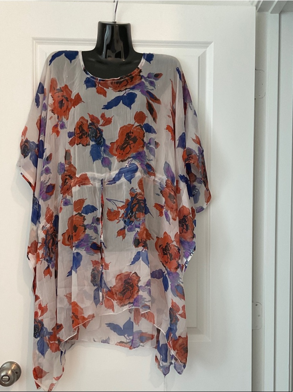 Sheer White Floral Swim Coverup with Red & Blue Blooms